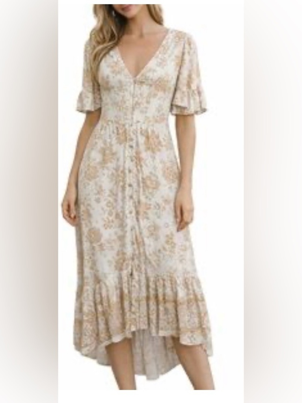 Petal & Pup Floret Floral High-Low Maxi Dress Cream Gold Tan Boho Size 12